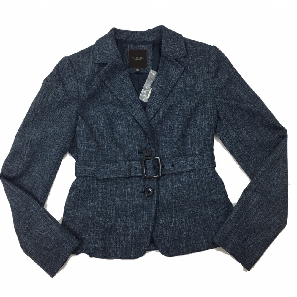 THE LIMITED Chambray Dark Denim Blue White Chic Button Belted Blazer Jacket